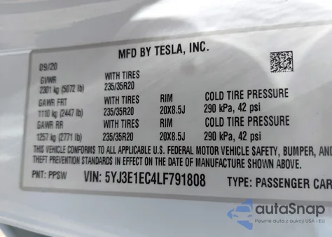 2020 Tesla Model 3 Performance Dual Motor All-Wheel Drive z USA, uszkodzony, nr VIN 5YJ3E1EC4LF791808